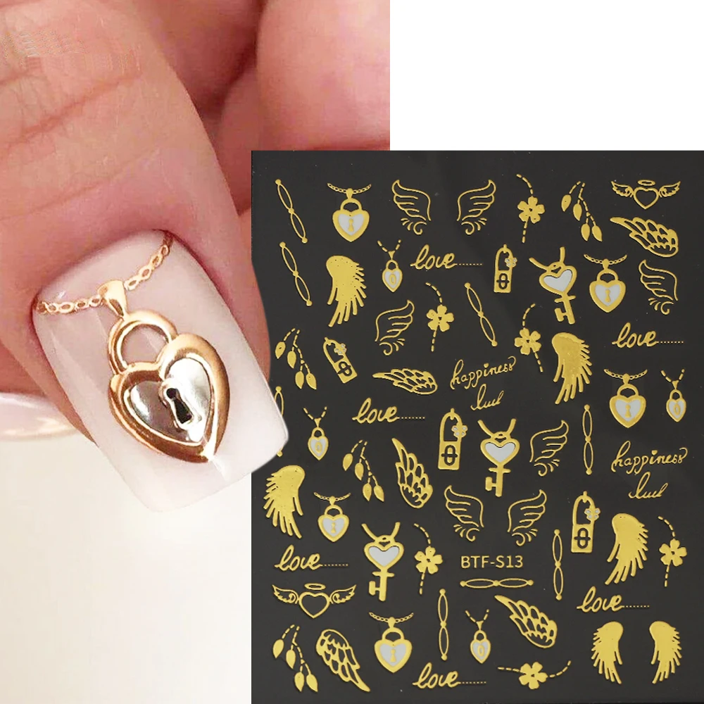

3D Love Lock Nail Sticker Valentine Nail Art Gold Bronzing Wings Heart Decals Abstract Graffiti Stripe Lines Manicure GLBTF-S13