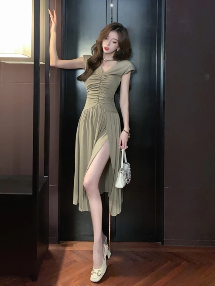 Французское платье в стиле ретро шикарное уникальное длинное с разрезом летнее