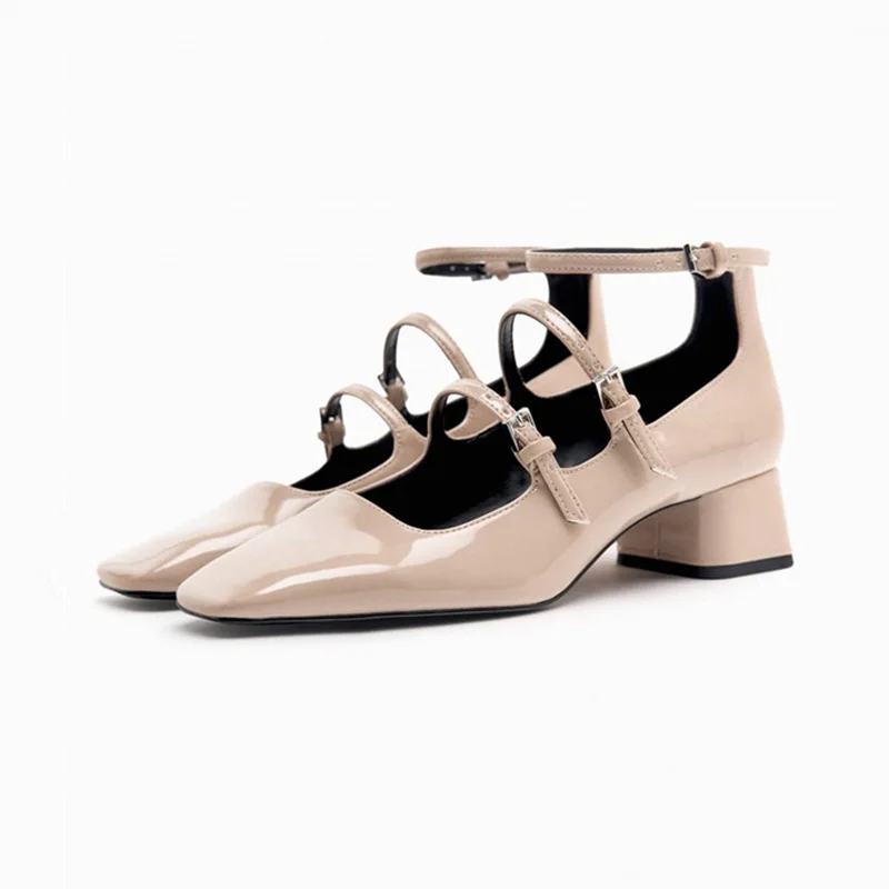 2023 Spring Women Mary Jane Shoes Chic Patent Leather Chunky Heels Shoes Woman Luxury Designer Double Buckles Pumps