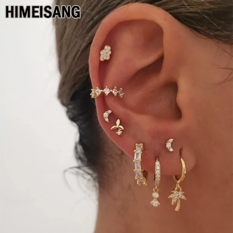 

HIMEISANG Silver Gold Filled Stud Hoop Dangle Earrings for Women Zircon Piercing Stainless Steel Earring Set Jewelry Wholesale