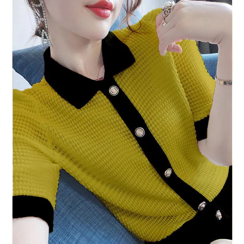 

Fashion Short Sleeve Hollow Out Spliced Polo-Neck Button Oversized Shirt 2022 Summer New Tops Loose Commute Women's Blouse