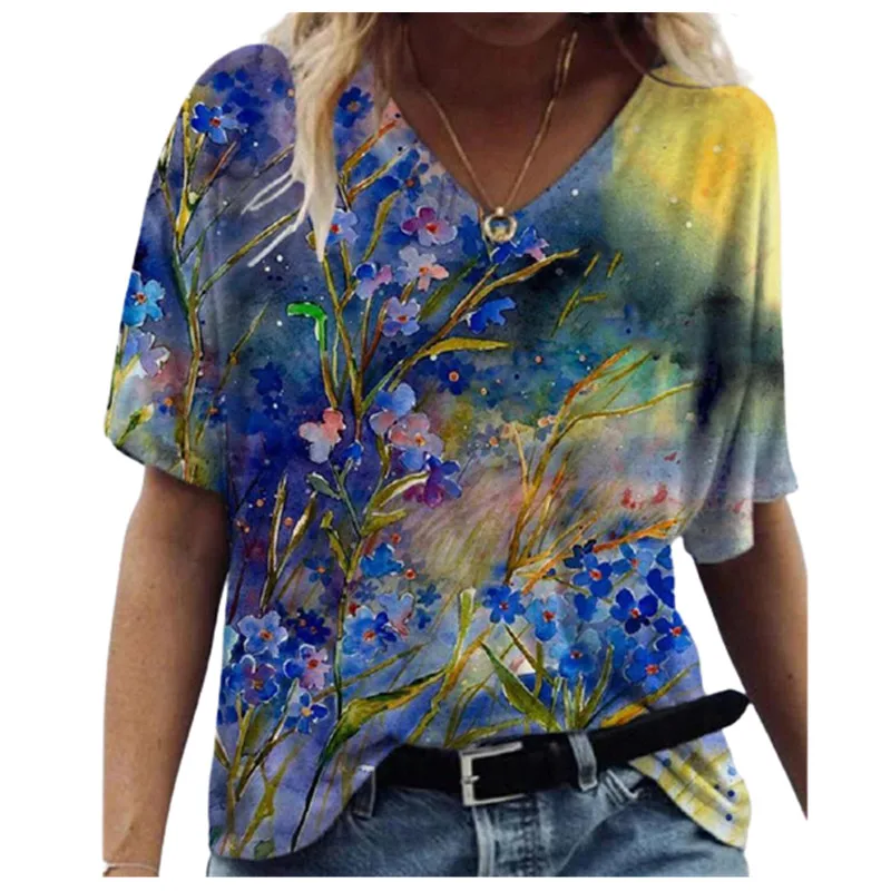 

2022 Summer Floral Print Short Sleeve T-shirt Women Casual Loose Oversized T-shirt Streetwear Cotton Tee Shirt Femme