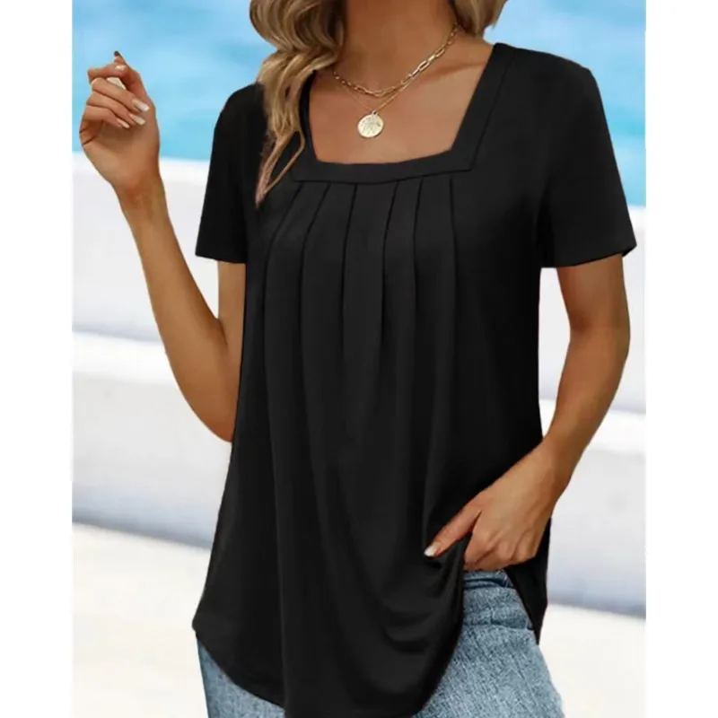 

Size Elegant Pleated Square Neck Print T-Shirt Female Short Sleeve Tees 2023 Summer Women's Commuter Casual Loose Tops