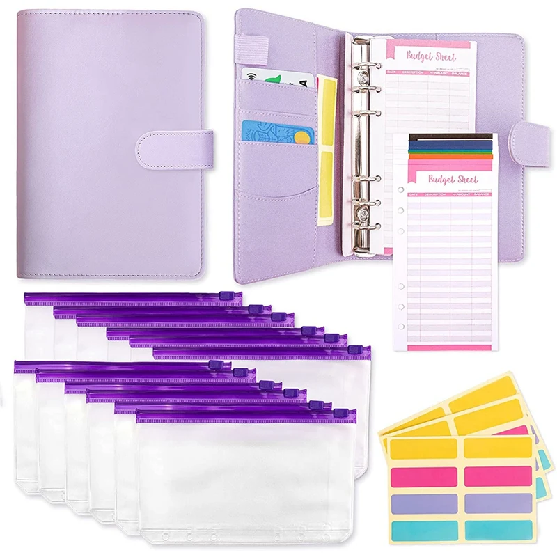 

A6 PU Budget Binder with Cash Envelopes,Cash Binder with Budget Envelopes, Expense Budget Sheets,Self-Adhesive Labels