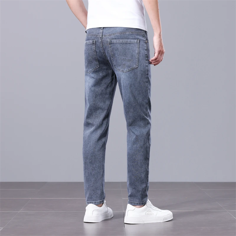 Smoky Grey Sraight Trousers Men's New Jeans Men Elastic Slim Small Straight Trousers Men's Simple Fashion Casual Jeans
