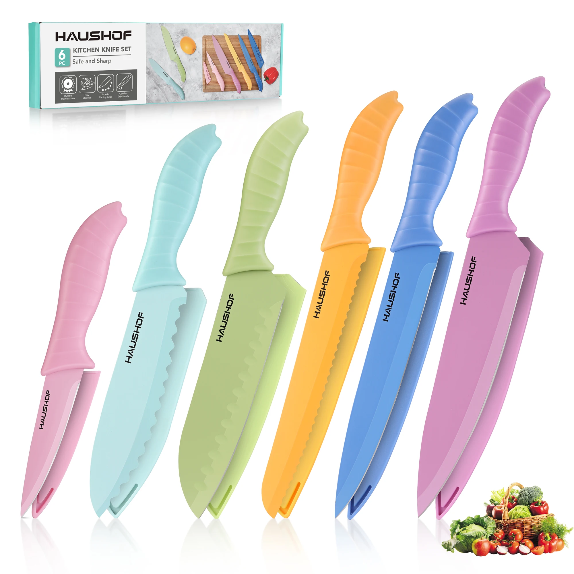 

HAUSHOF Colorful Stainless Steel Kitchen Knives Set Fruit Vegetables Bread Paring Utility Japanese Chef Santoku Kitchen Knife Se