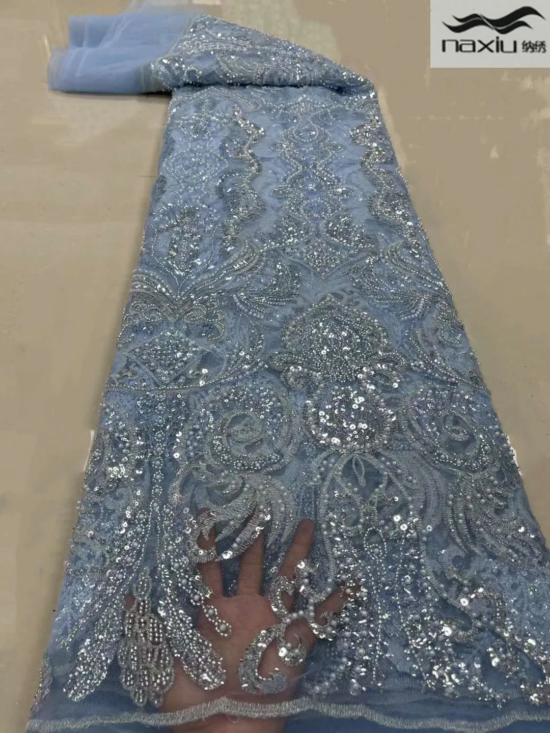 

Африканская блестящая французская кружевная ткань Madison, 2022, 3D вышивка Royalblue, кружевная ткань ручной работы с бусинами для невесты, 5 ярдов