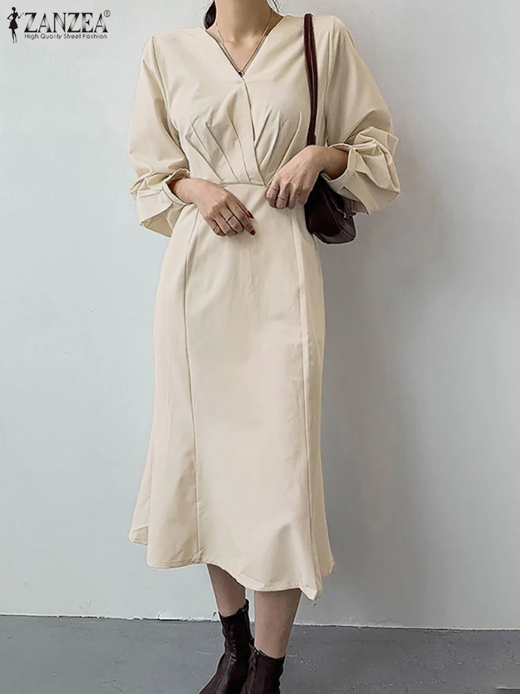 

Женский офисный сарафан с V-образным вырезом и длинным рукавом