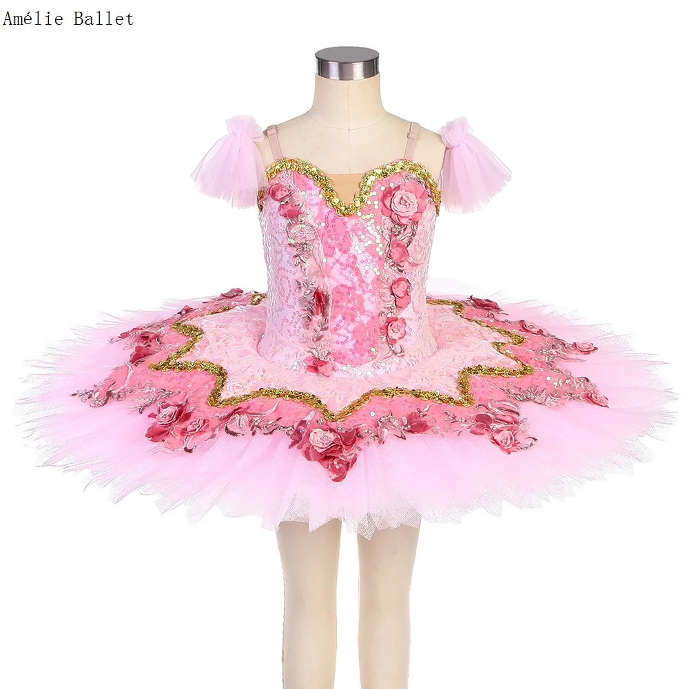 

BLL525 Pink Pre-Professional Ballet Tutu Sequin Lace Top Bodice with Stiff Tulle Pancake Tutus for Grils Stage Competition Tutu