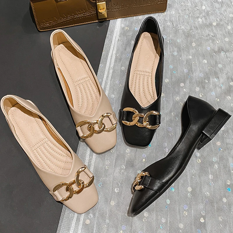 

Metal Chain Flats Woman Square Toe Thick Heels Loafers Grandma Shoes Women Office Sneakers Slip on Shallow Moccasins Femme 2022