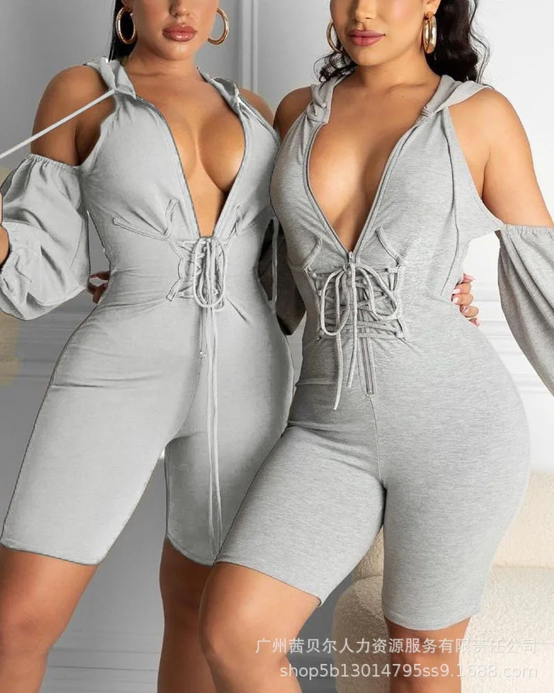 

Women's Long Sleeved and Neckline Jumpsuit, Sexy Jumpsuit, Bandage, V-neck, Off Shoulder Long Sleeve, Elastic, Casual Suit
