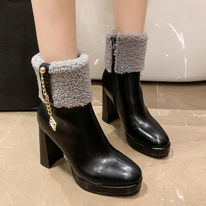 

Женские ботильоны челси на высоком каблуке с плюшевой подкладкой из хлопка, новинка зимы 2022, женские толстые туфли-лодочки на молнии, теплые...