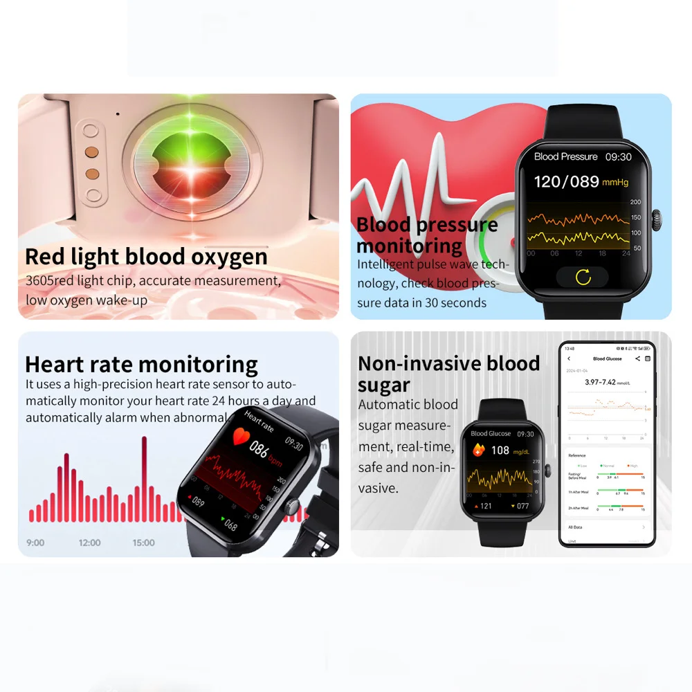 Фото SOS Смарт-часы для женщин и мужчин BT Call Smartwatch Фитнес-монитор Водонепроницаемый 108+ Спортивный режим Красный кислород в крови Мониторинг здоровья Met №5
