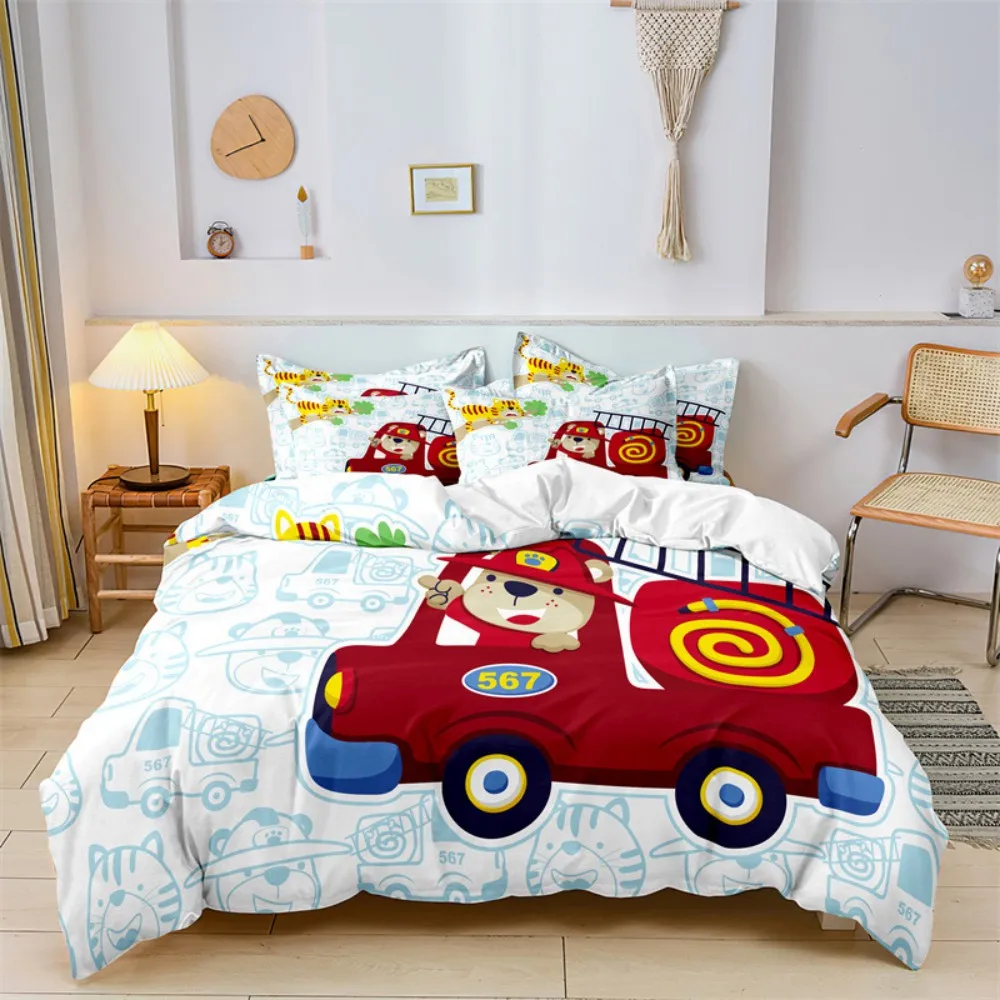 

Set Fire Truck Excavator Cartoon Car Bedding Duvet Cover Vehicle With Pillowcases For Kids Son Daughter Bedroom Decor