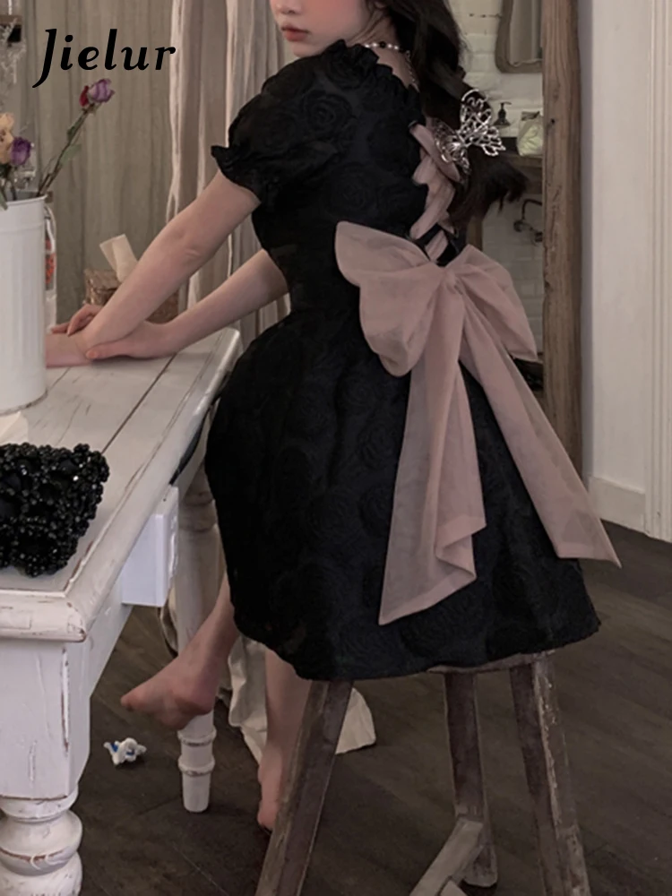 Jielur Женские платья на шнуровке с бантом и тонкой талией летнее Черное Женское