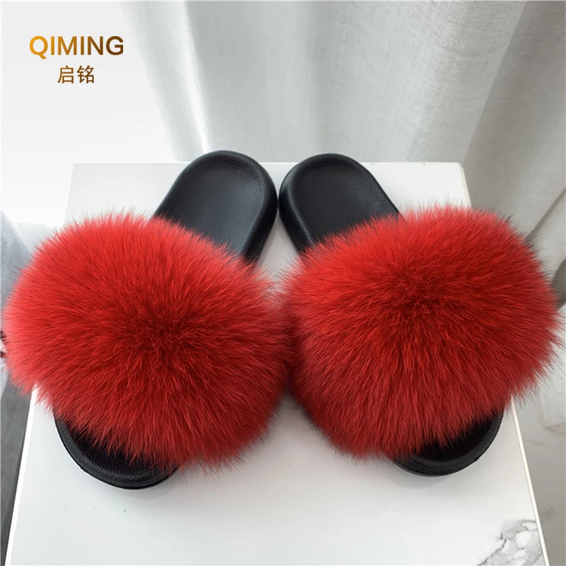 Summer Real Fur Slippers Women Fur Slides Woman Flip Flops Sandals Ladies Cute Fuzzy Fluffy Plush Fox Furry Slippers House Shoes