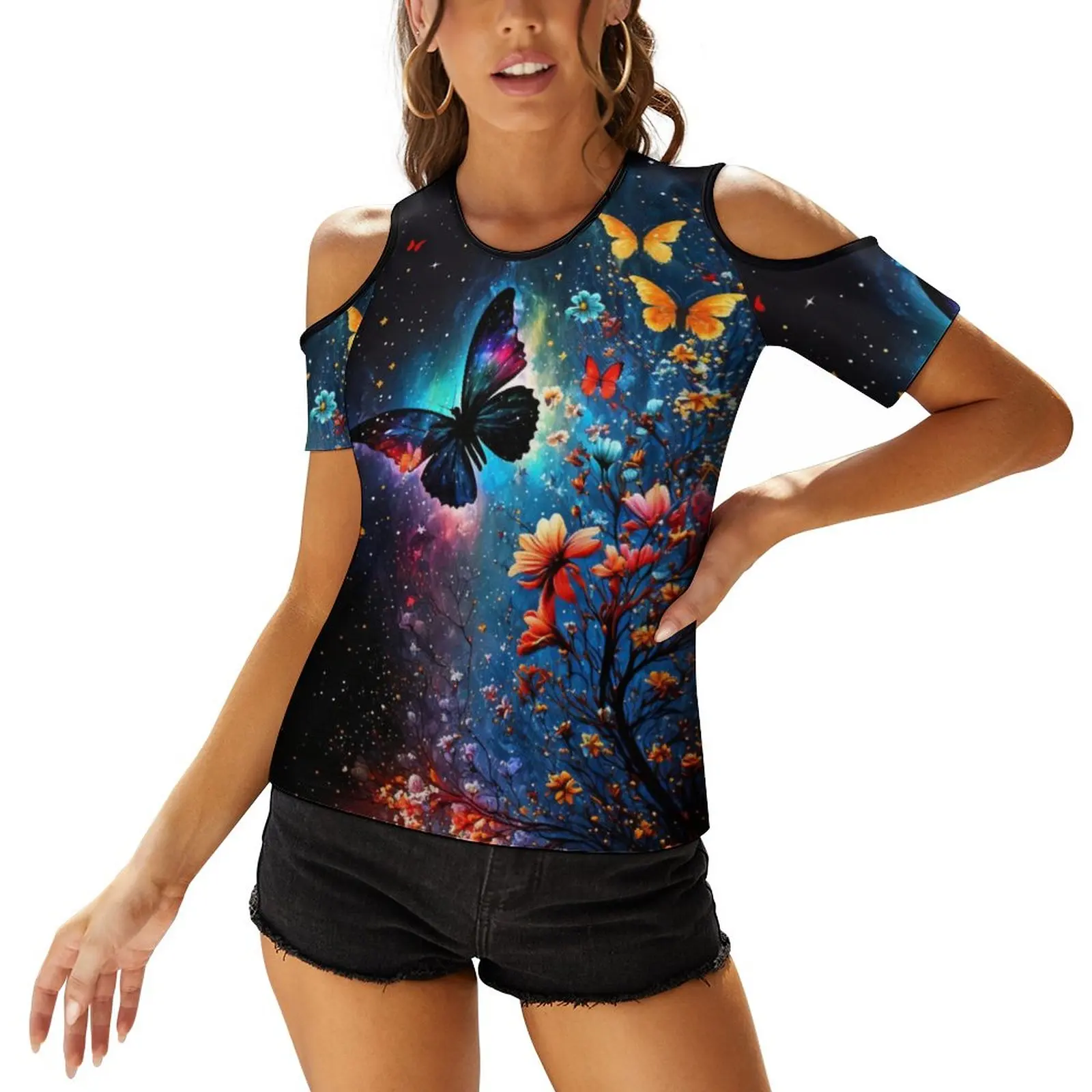 

Summer Women's Tee Starry Sky Butterfly Print Off Shoulder Short Sleeve T-Shirt Woman Clothes Classic Women's Clothing