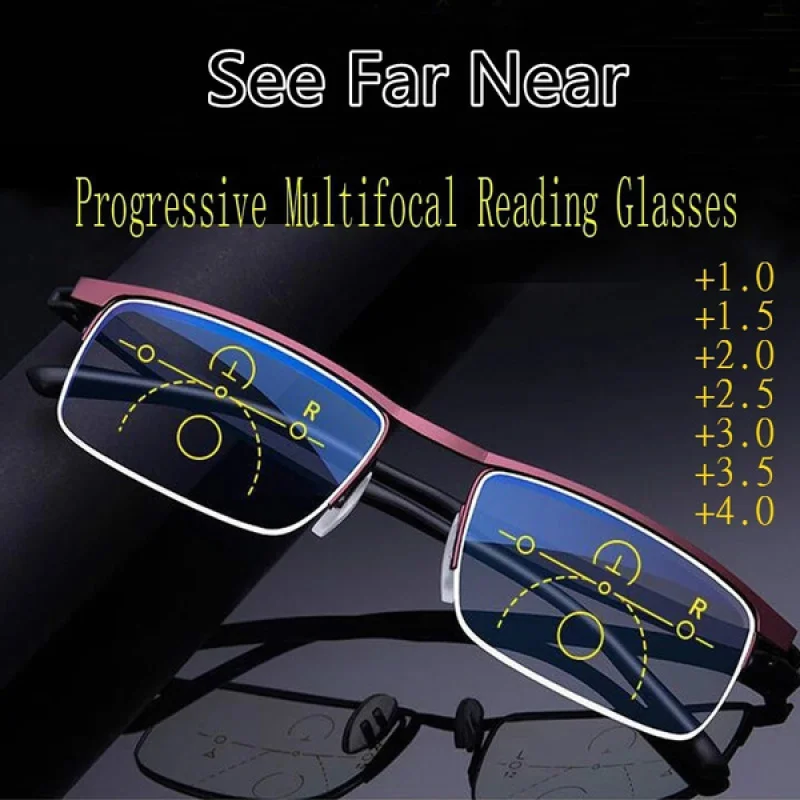 

Hot Sale Progressive Reading Glasses Multifocal Anti Blue Ray Glass Glasses Half Frame Metal Alloy Men Women 1.5 1.0 2.5 Black