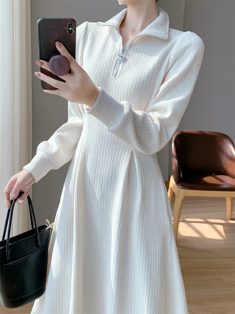 

RosEvans White French Style Zippers Dress 2023 New Women Lapel Neck Spring Autumn Puff Sleeve Elegant Waist Slim Long Skirt