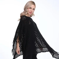 womens lightweight boat neckline poncho loose sweater tassels top with fringed sides and hollowed patterns dropshipping