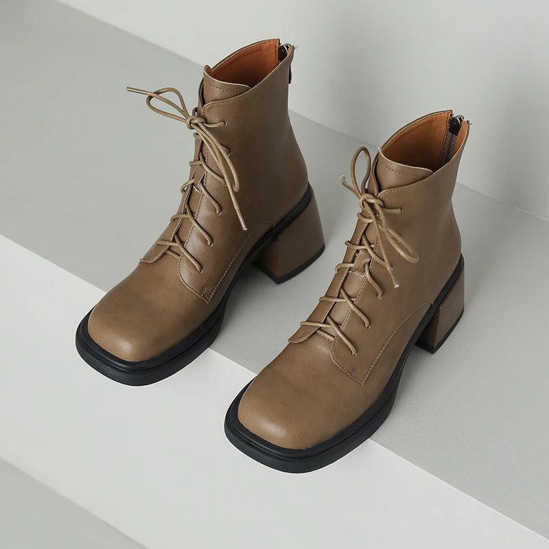 MythLuo Ankle Boots For Women Chunky Heels Boots Genuine Leather Square Toe Lace Up Thick Sole Ladies Casual Pumps Shoes