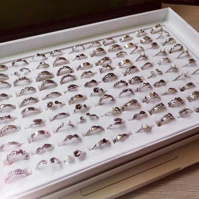 

10 шт./лот винтажные тибетские посеребренные кольца, многоцветное кольцо из сплава со стразами для женщин и мужчин, богемные ювелирные изделия, кольца