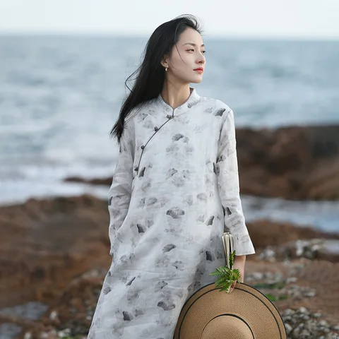 Женское платье в китайском стиле ретро из хлопка и льна с принтом, новинка 2023, летнее платье с воротником-стойкой, косым вырезом, пуговицами и длинными рукавами