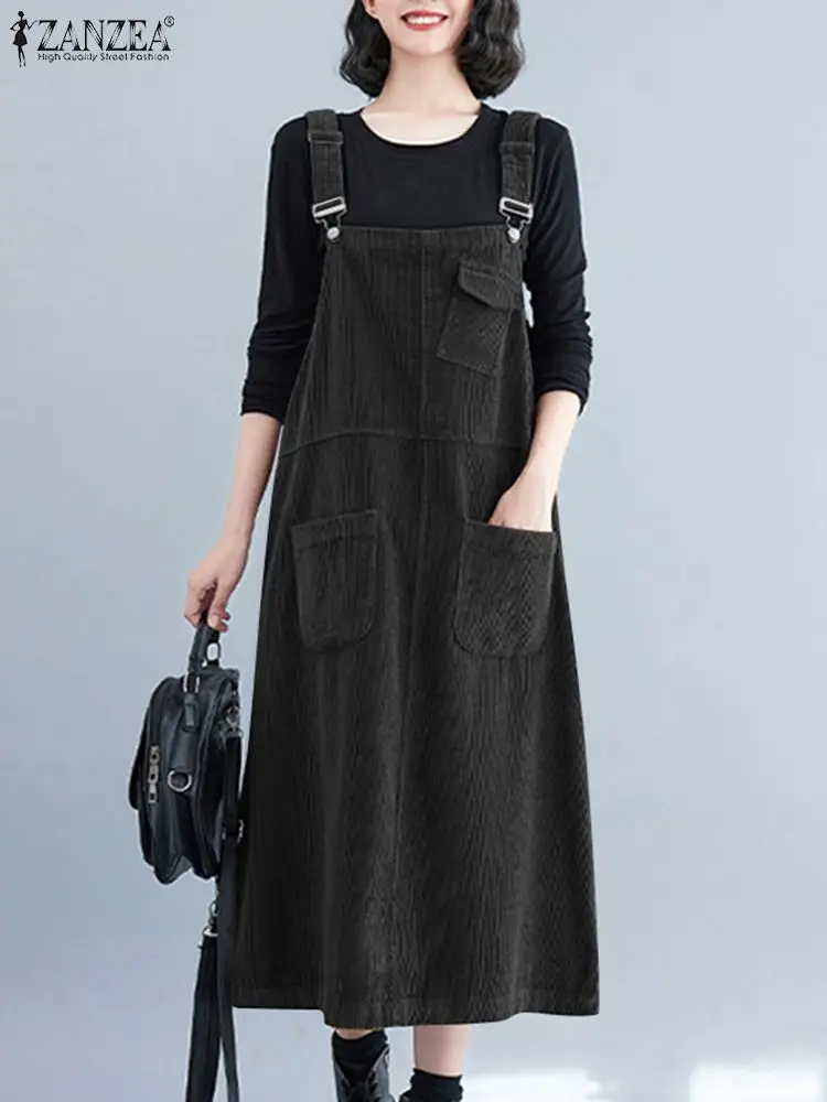 Винтажное вельветовое платье ZANZEA модный Однотонный сарафан на бретельках