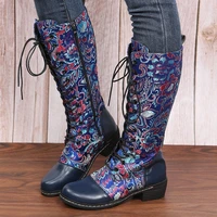 2022 flowers pattern colorful stitching elegant zipper lace up flat mid calf boots elegant shoes women shoes botas mujer 36 43