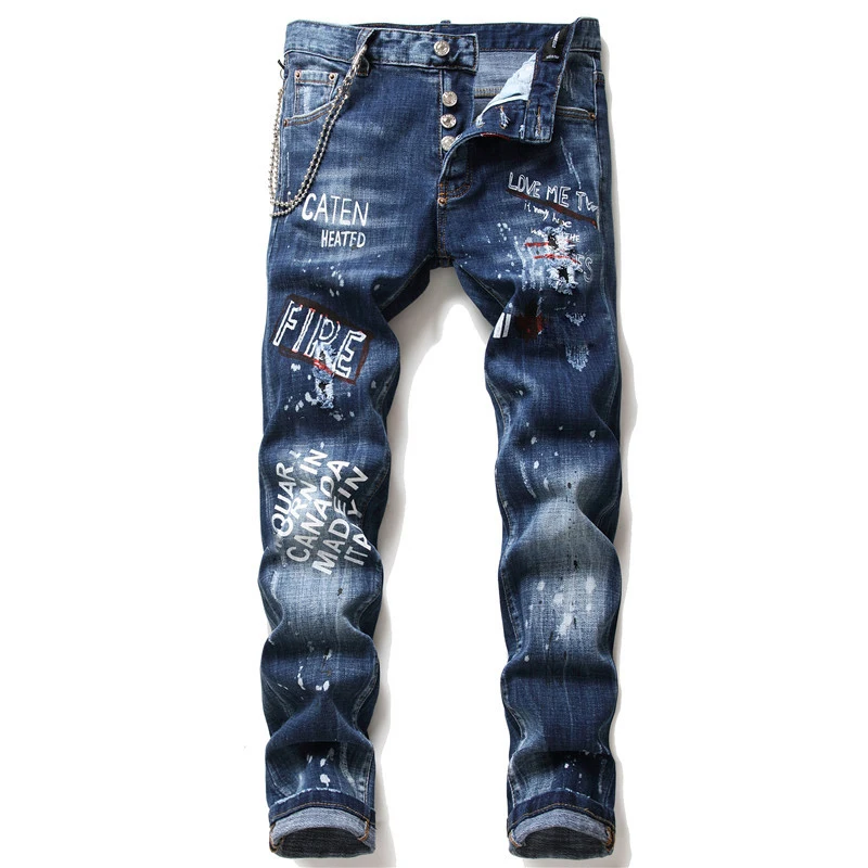 

Light luxury men’s slim fit ripped denim pants high quality print decors blue jeans white ink splash scratches sexy casual jeans