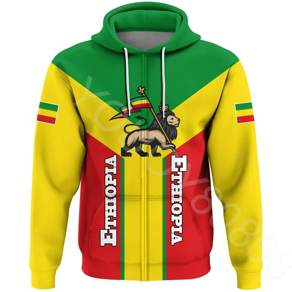 

New Fall/Winter Men's Sweatshirt Casual Loose Street Style Africa Ethiopia Rising Zip Hoodie Simple Sportswear