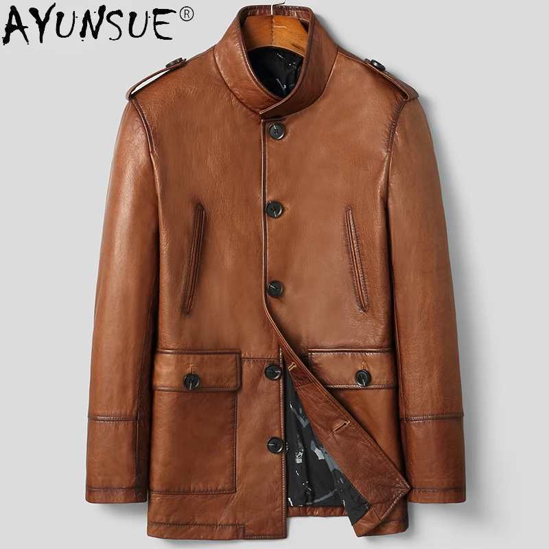 

AYUNSUE 100% Genuine Leather Jacket Men Retro Top Layer Oil Wax Cowhide Leather Coat Stand Collar Windbreaker Chaquetas Hombre