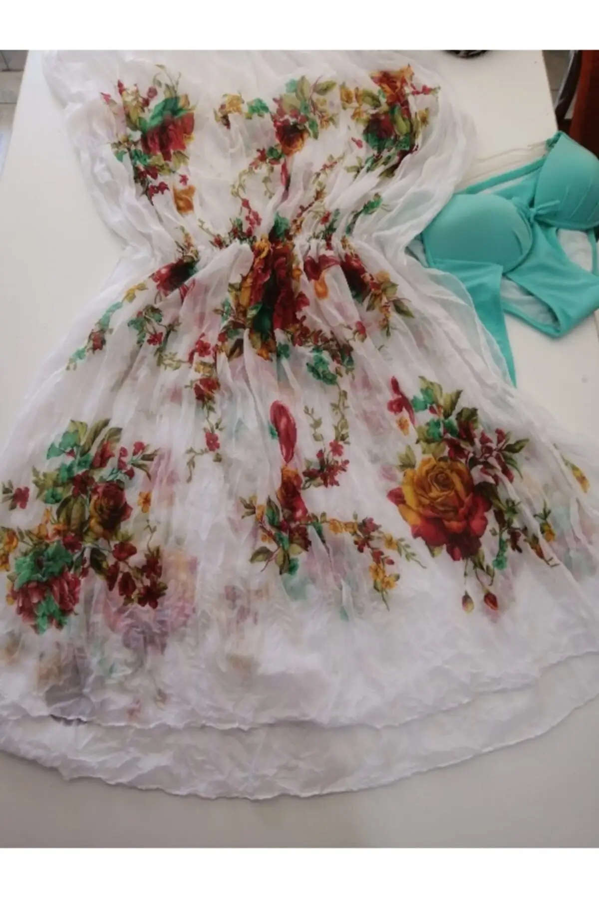 

Women's Pareo White Floral Swimwear Cover Up Dress Sexy Tunic Suit Beachwear Female Beach Bikini Cover Loose Mini Dress