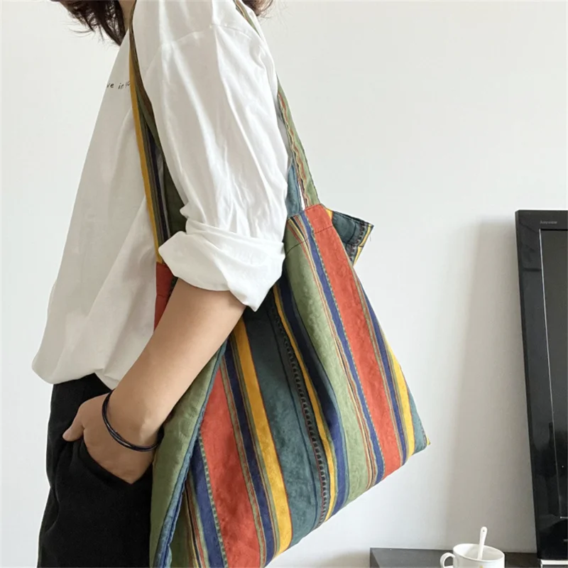 

Retro Women's Canvas Shoulder Bag Rainbow Striped Linen Shopping Bag Eco Large Capacity Handbag Tote for Girls Christmas Gifts
