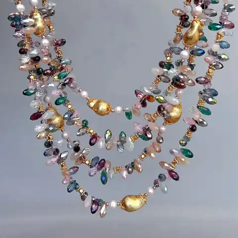 Y.YING 4 Strands Multi Color Crystal Brushed Bead White Pearl Statement Necklace Jewelry For Women Girls