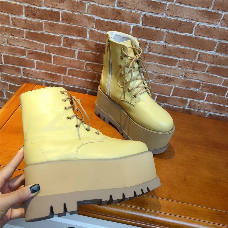 

Europe/America Street Women Boots Light Yellow Round Head Autumn/Winter Increased 8cm Thick Bottom Platform Women's Boots Shoes