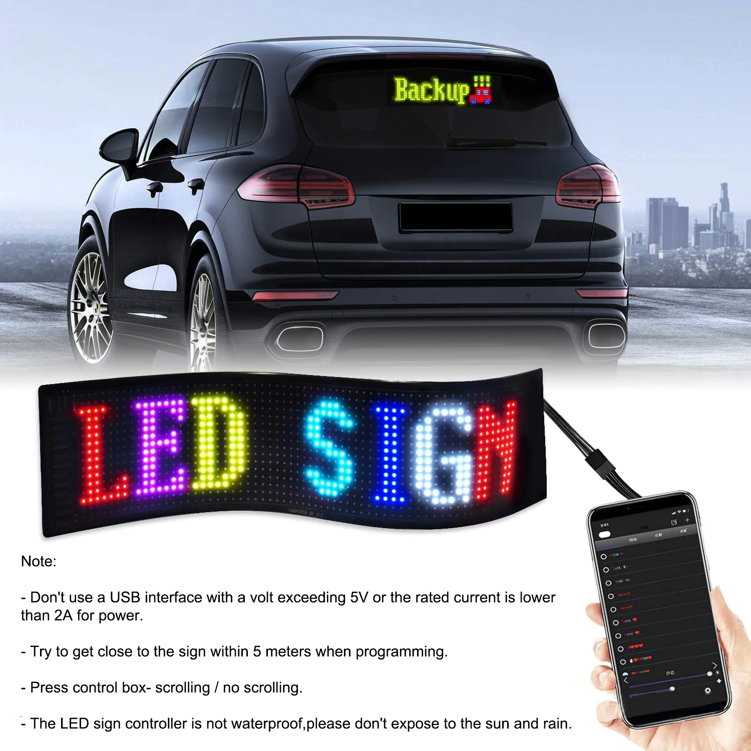 LED Car Sign LED Matrix Panel APP Control Flexible Car Sign Display Scrolling Addressable for Shop Bar Hotel Cinemas 14.6x3.6”