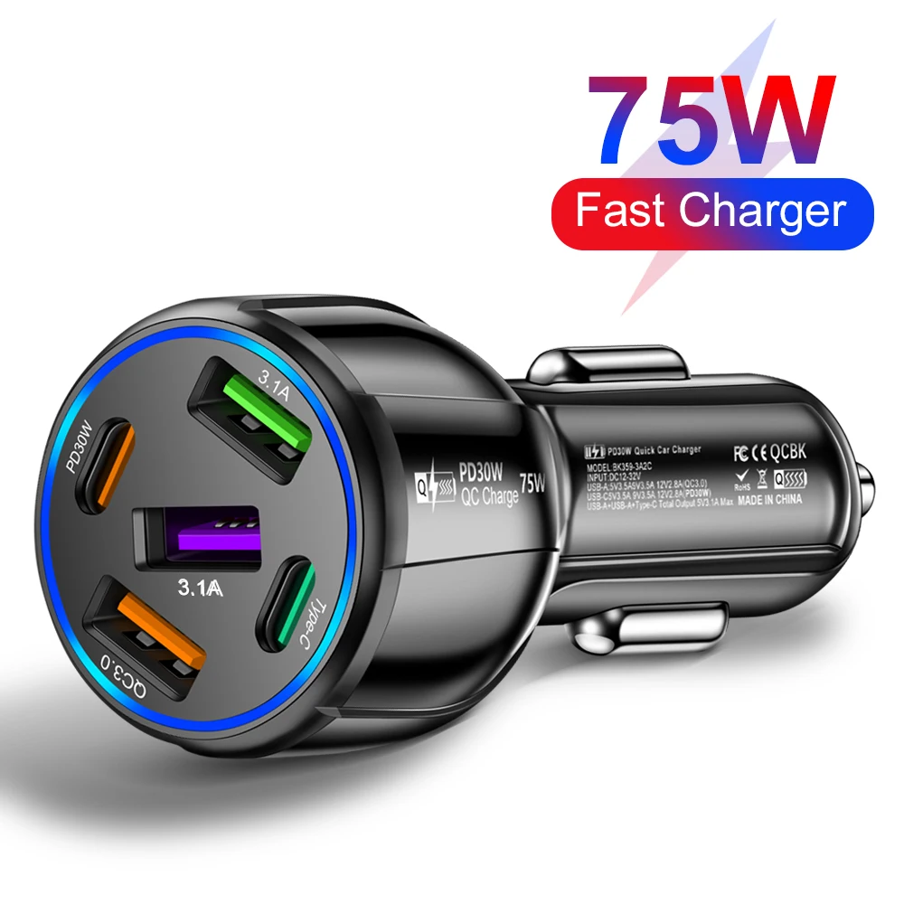 75W 5USB Car Chargers USB Fast Charging QC3.0 Adapter For Xiaomi iPhone 14 13 Pro Max Samsung S23 Ultra Mobile Phone Car Charger
