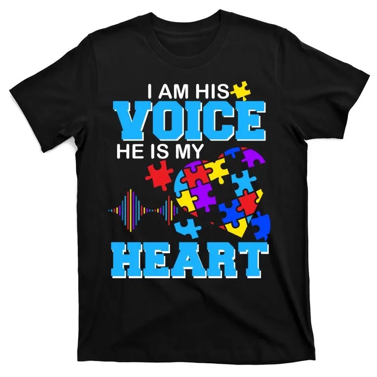 

Я его голос, он-мое сердце. Футболка для осведомленности об аутизме, 100% хлопок, круглый вырез, летняя повседневная мужская футболка с коротким рукавом, размер S-3XL