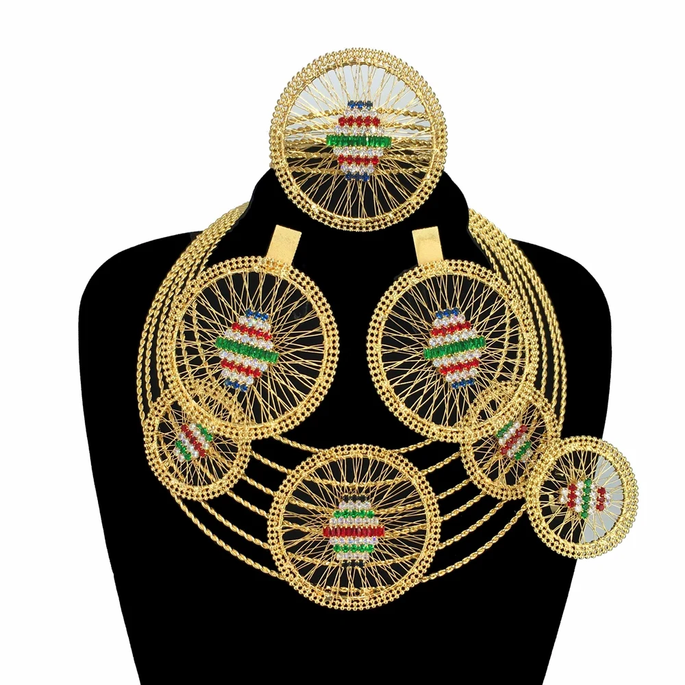Модные Позолоченные Ювелирные наборы для женщин большое ожерелье серьги кольцо