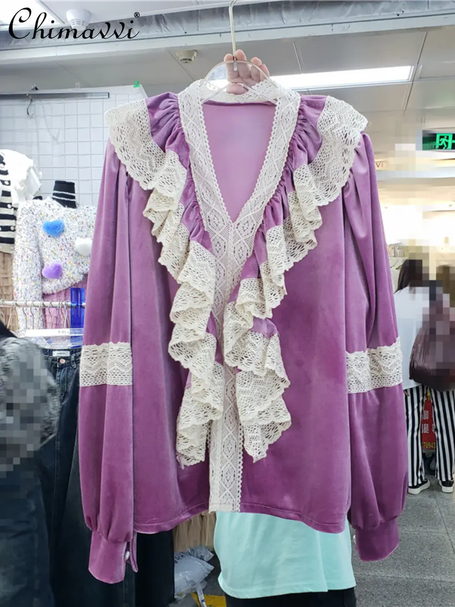 

Women's Shirt New 2022 Autumn Women's Clothing V-neck Velvet Stitching Lace Loose Temperament Blouse All-Matching Feminine Tops