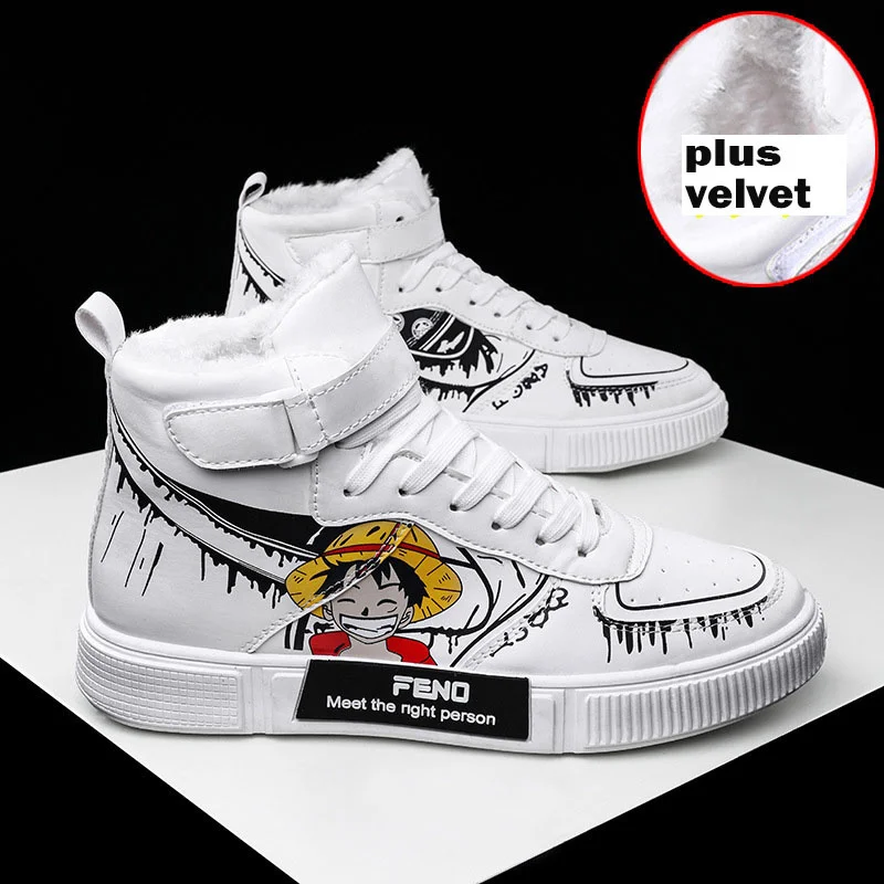 

Men High Top Anime Shoes Plus Velvet Casual Sneakers Luffy Couple Black White Shoe 2021 Fashion Spring Autumn Winter Size 35-44