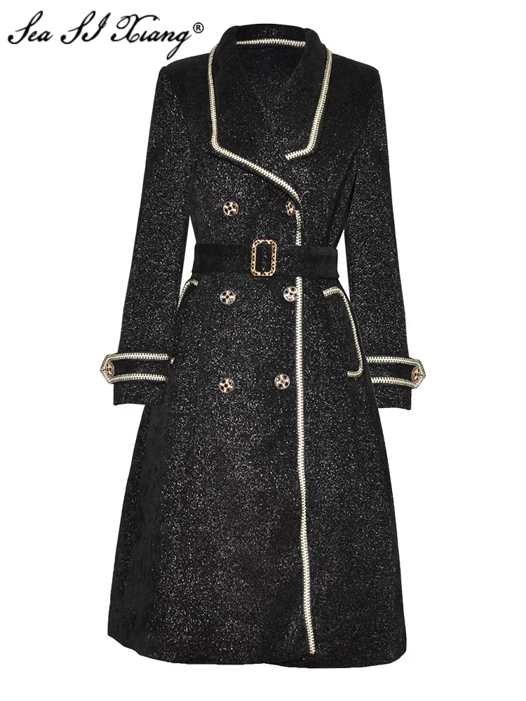 

Seasixiang Fashion Designer Winter Coat Women Turn-down Collar Long Sleeve Double Breasted Belt Pockets Black Vintage Outerwear