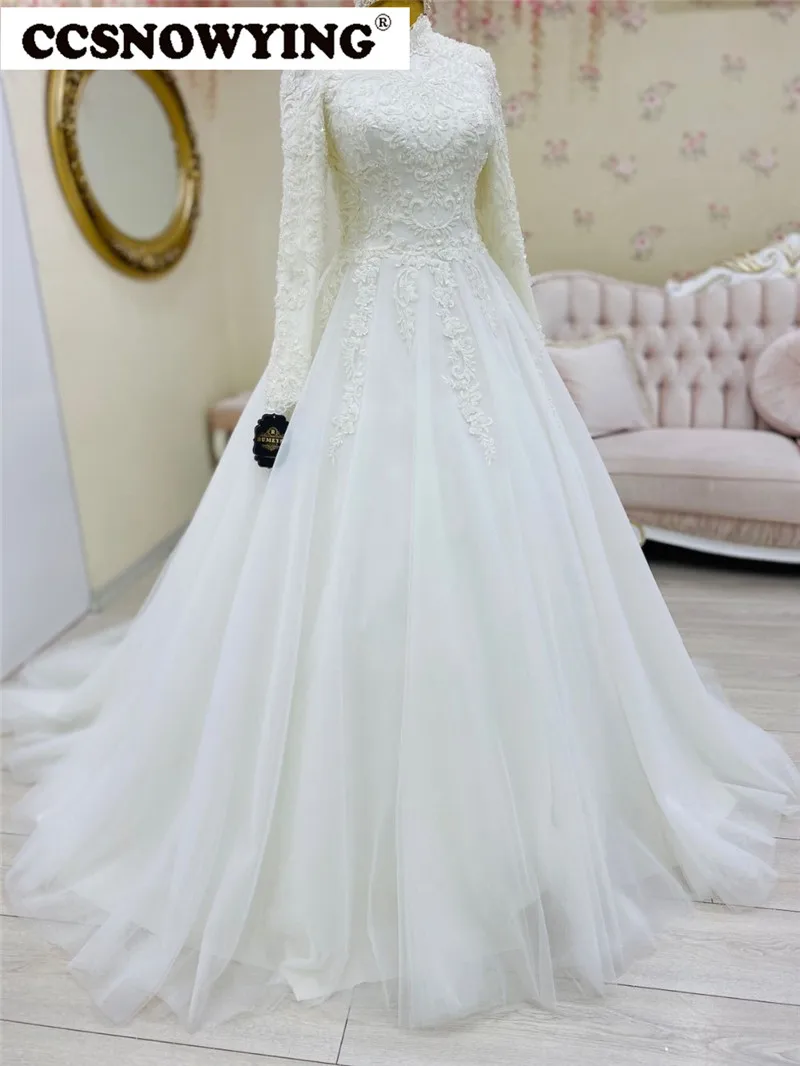 

Appliques Long Sleeve Muslim Wedding Dress for Bride Islamic Bridal Gowns Women High Neck Arabic Kaftan Robe De Mariée