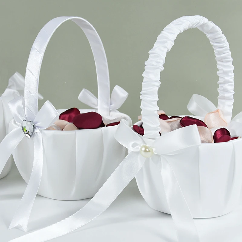 1Pc Romantic White Bowknot Wedding Flower Basket Children Portable Petals Basket Bridal Shower Wedding Ceremony Party Decoration