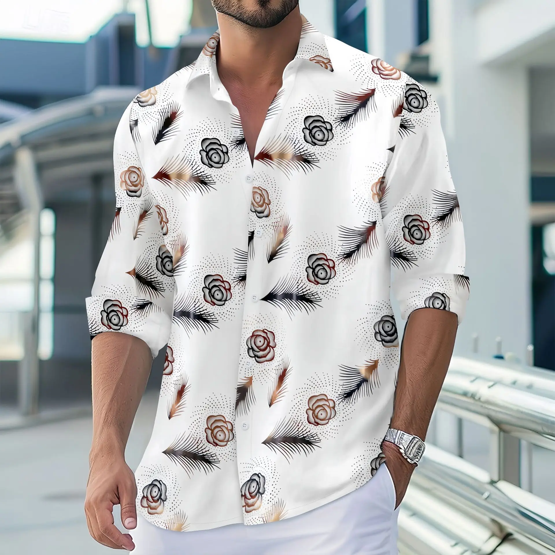 Мужская рубашка с длинным рукавом лацканами и золотым принтом