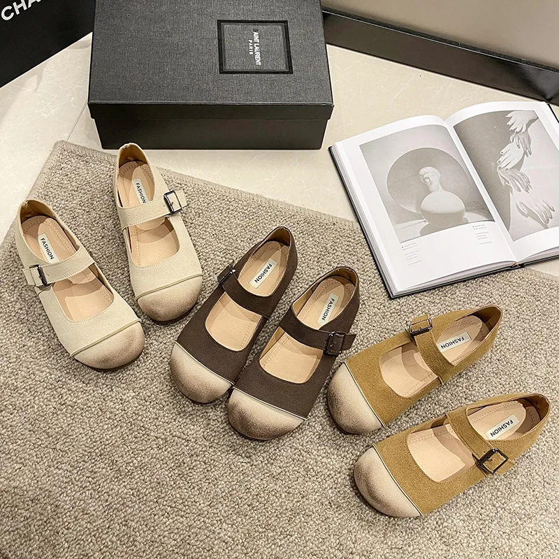 

Casual Woman Shoe Female Footwear Shallow Mouth Round Toe Mixed Colors New Dress Moccasin Comfortable Grandma Retro Summer Buckl