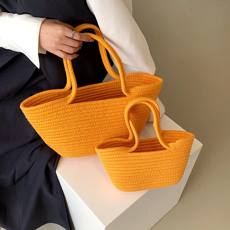 

Cotton Rope Weave Basket Bag Women Candy Color Big Tote Summer Beach Bucket Bag Ladies Fahsion Handbags Shopper Shoulder Bags