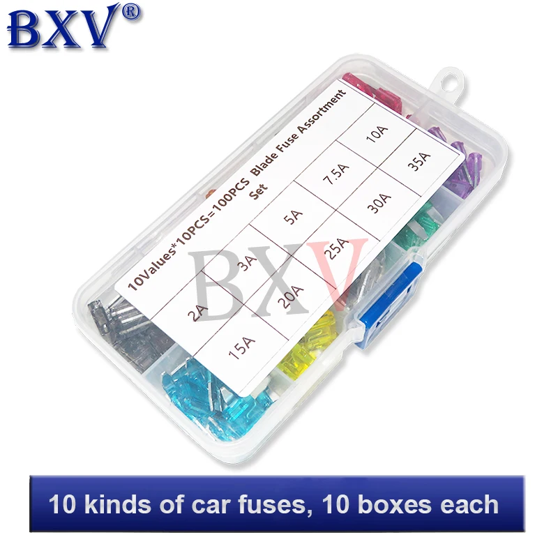 

10Values Mini Auto Fuse Car Fuse Blade Kit Assortment 100PCS/Set With Box 2A 3A 5A 7.5A 10A 15A 20A 25A 30A 35A