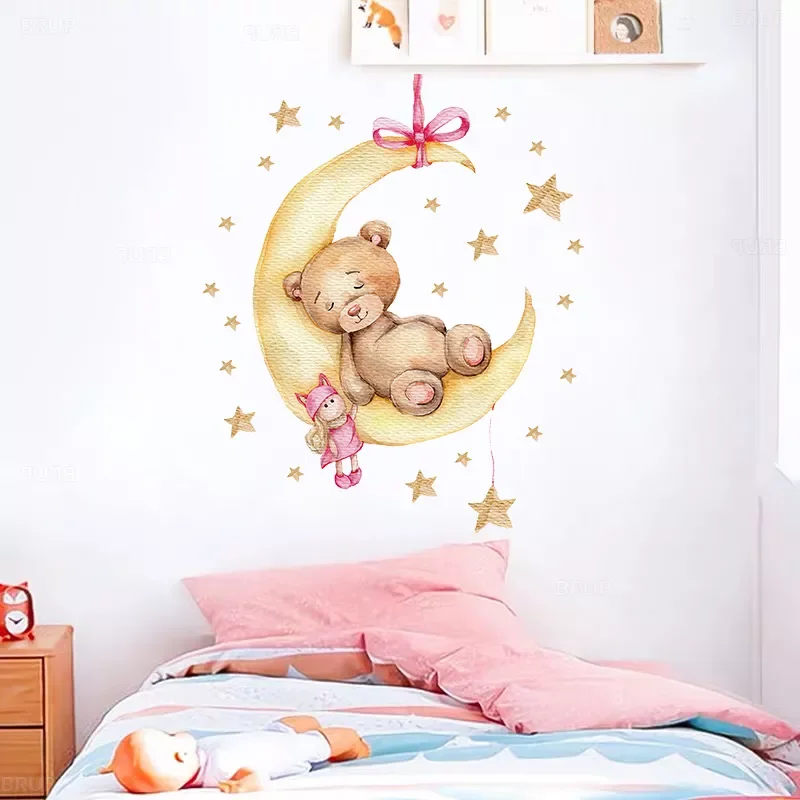 

Teddy Girl Bear Sleeping on the Moon Wall Stickers for Kids Room Baby Room Decoration Wall Decals Room Interior PVC Sticker